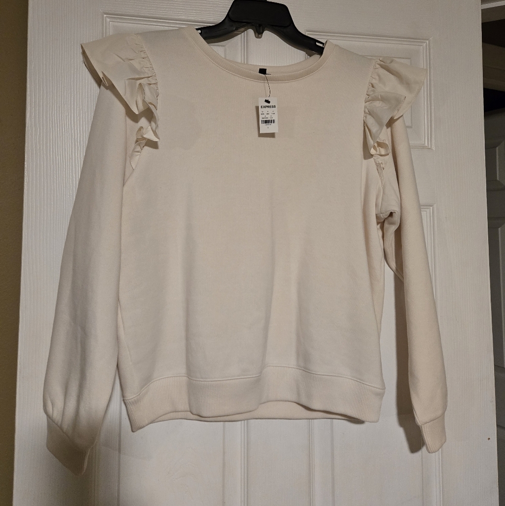 NWT EXPRESS Ivory Long Sleeve Ruffle Shoulder Sweatshirt LARGE